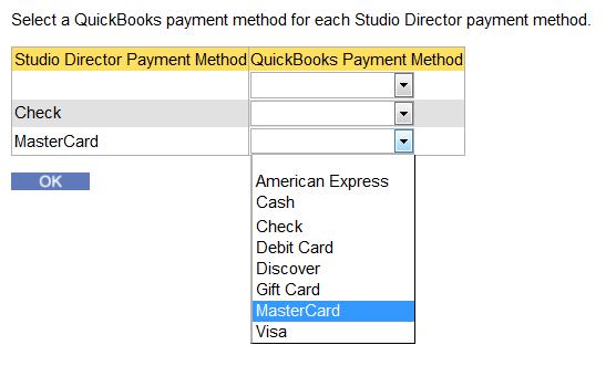 The following picture shows an example of mapping the payment method to the QuickBooks payment methods. Note the blank Payment Method. This can occur if there is a Prior Balance on the family ledger.