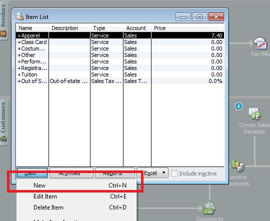 An example of creating a QuickBooks item is provided here. The actual method of creating a QuickBooks item may vary depending on the version of QuickBooks that is being used.