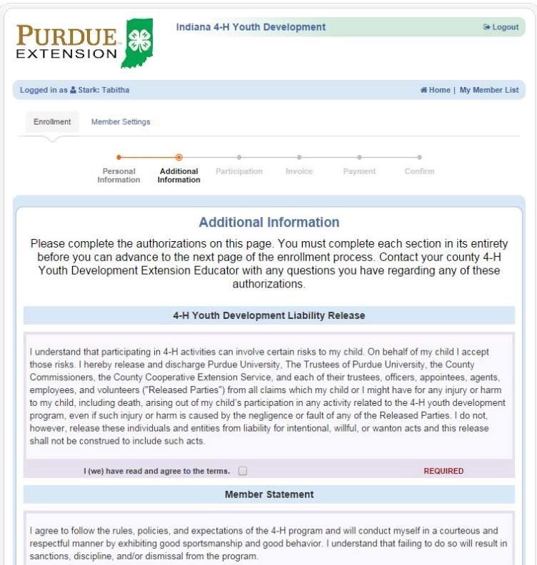 When you have completed this page, click "Continue" to advance to the Additional Information Page. AUTHORIZATIONS AND RELEASES All sections are required.