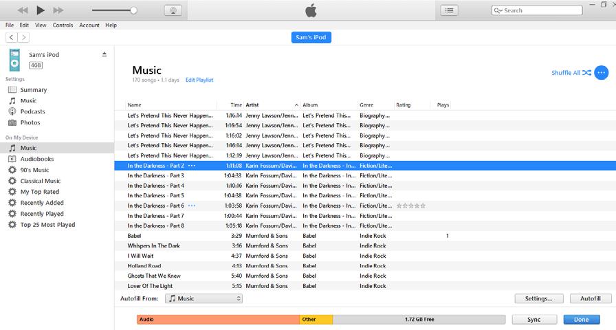 Under the heading On My Device, click on Music. This will show you all of the music files that are currently on your ipod, as well as your OverDrive eaudiobook files.