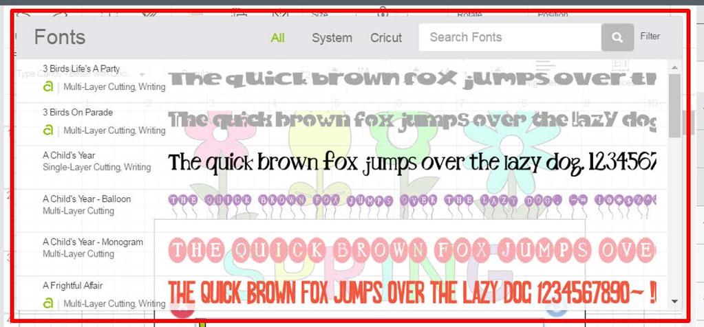 Font - Displays a preview of Cricut fonts and system fonts from your computer.