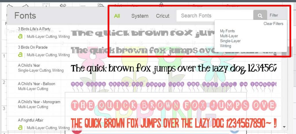 system fonts (fonts installed on your computer), or all fonts at once. You can also search fonts and apply font filters.