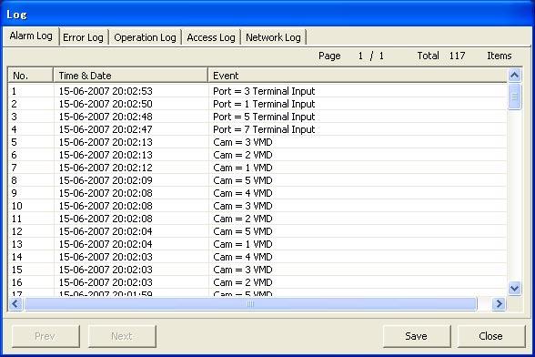 Check of each log of the recorder (Log) It is possible to check the alarm log, error log, operation log, access log and network log of the recorder.