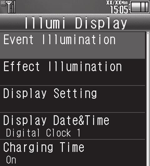 Illumi Display Customizing Illumi Display Settings 94SH features a unique "illuminated text" Sub Display, or "Illumi Display" (see below for settings and usage details).