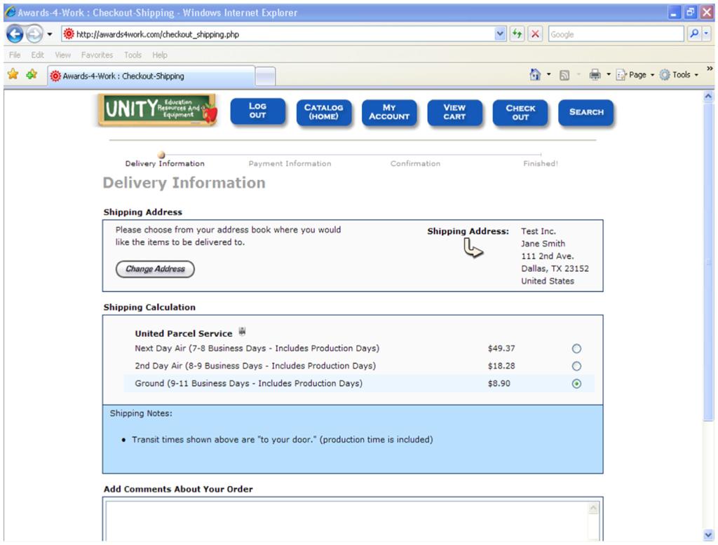 Please validate that the Shipping Address is correct and please make a choice as to the method of shipment.