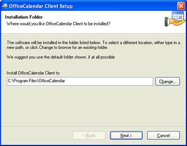 5. Select an installation folder for the OfficeCalendar Client installation (for ease of support we recommend that you choose