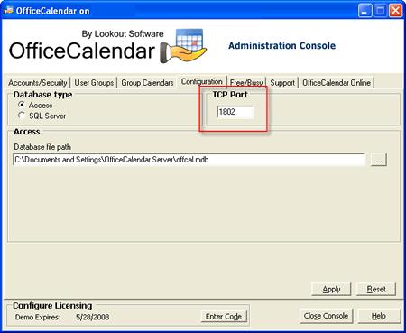 3. Under TCP Port on the Configuration tab, change the TCP Port Number, and click Apply. To change the port number setting on the OfficeCalendar Client to correspond with the OfficeCalendar Server 1.