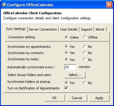The OfficeCalendar Client Configuration screen has several tabs that enable users to easily navigate to the appropriate area of configuration.