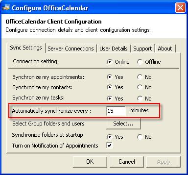 3. Click on the Sync Settings tab from the Configure OfficeCalendar dialog box; enter your desired synchronization duration in the Automatically synchronize every field; and click Apply, and then