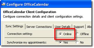 3. From the Sync Settings tab click the Work Online radio button. 4. Click Apply to re-enable OfficeCalendar to work online, and then click OK to close Configure OfficeCalendar dialog box.