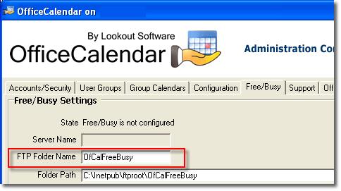 4. In the Folder Path field, set the path to your ftproot folder. OfficeCalendar applies a default path of C:\Inetpub\ftproot\OfCalFreeBusy for the Folder Path field.
