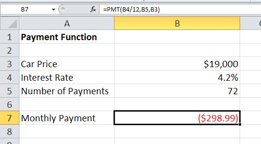 Excel will then display the monthly payment amount.
