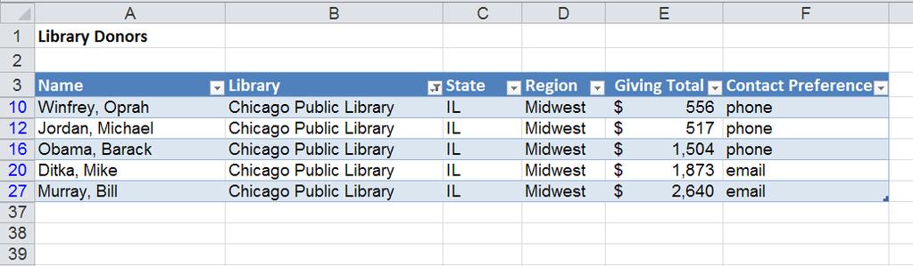 Only the donors for the Chicago Public Library remain the others have been filtered out.