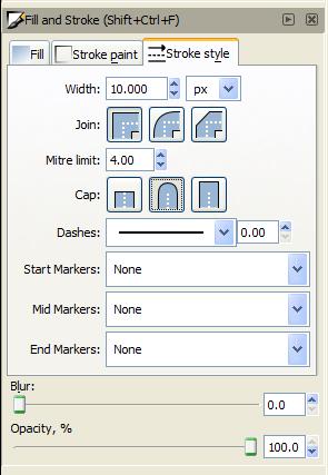 In the Stroke and Fill menu, select the Stroke Style tab and enter a width of 10 and select the rounded Cap.