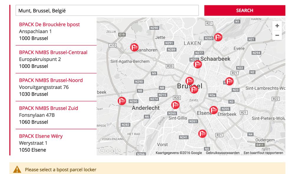 If the geolocation works, and parcel lockers were found, the map is shown with up to 10 parcel lockers nearest to the shipping address: To select a bpost parcel locker, the customer can select a