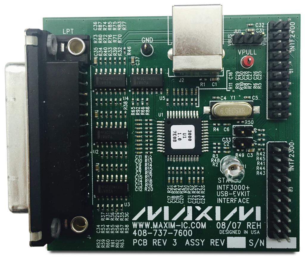 INTF3000 Interface Board Evaluates: EV Kits Requiring SPI/Parallel to USB Interface Detailed Description of Hardware This section describes the hardware of the INTF3000 board, explains how the