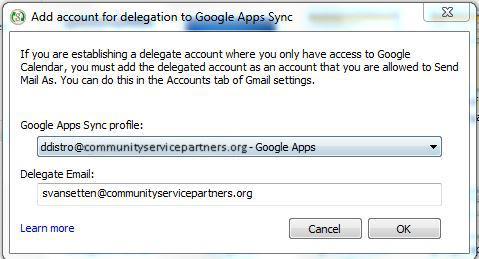 In the Add account for Delegation to Google Apps Sync window, enter the email
