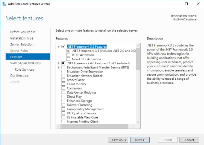 8. Click Add Features. 9. Click Next > 10. Select.NET Framework 3.5 Features, and then select.