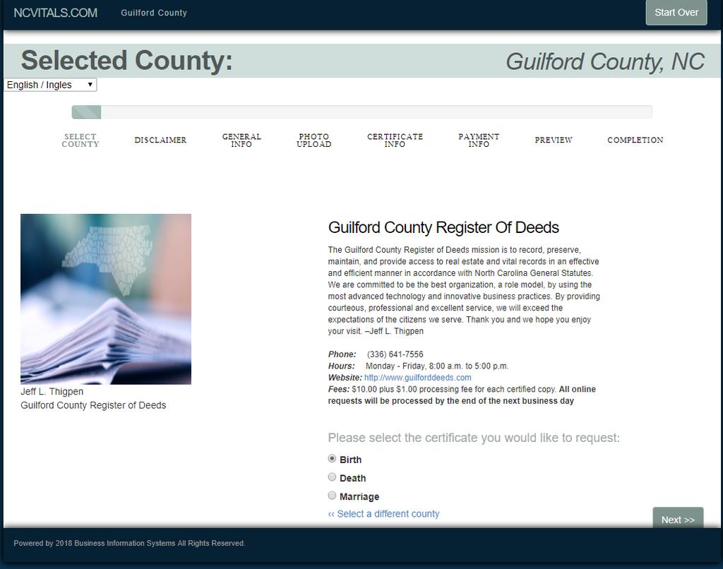 Select County Once selected, you will be redirected to a page asking what type of Vital Record you are looking for: Birth, Death, or Marriage Certificate.