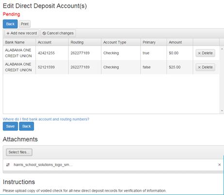 Employee Self Service-Edit/Enter Direct Deposit Pending changes are displayed and employees can upload files for direct deposit requests.