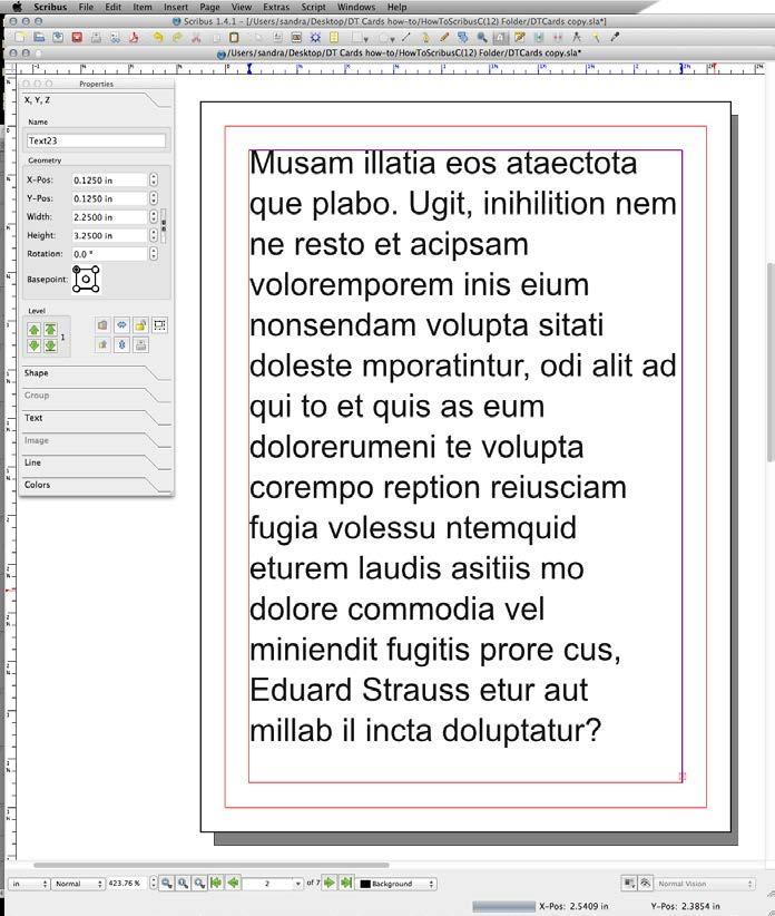 Go back to your Scribus file and click on the first page inside the text area, right-click on it and then choose Paste to import and place all the text you selected.