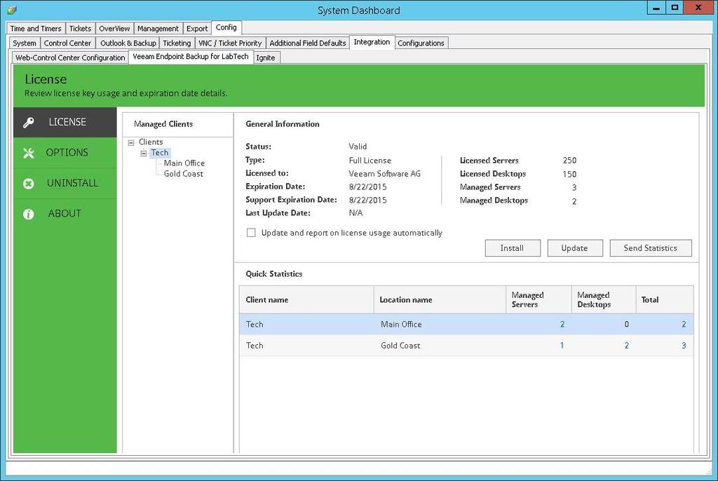 Installing License You must provide a license during Veeam Endpoint Backup for LabTech installation process. For details, see Installing Veeam Endpoint Backup for LabTech.