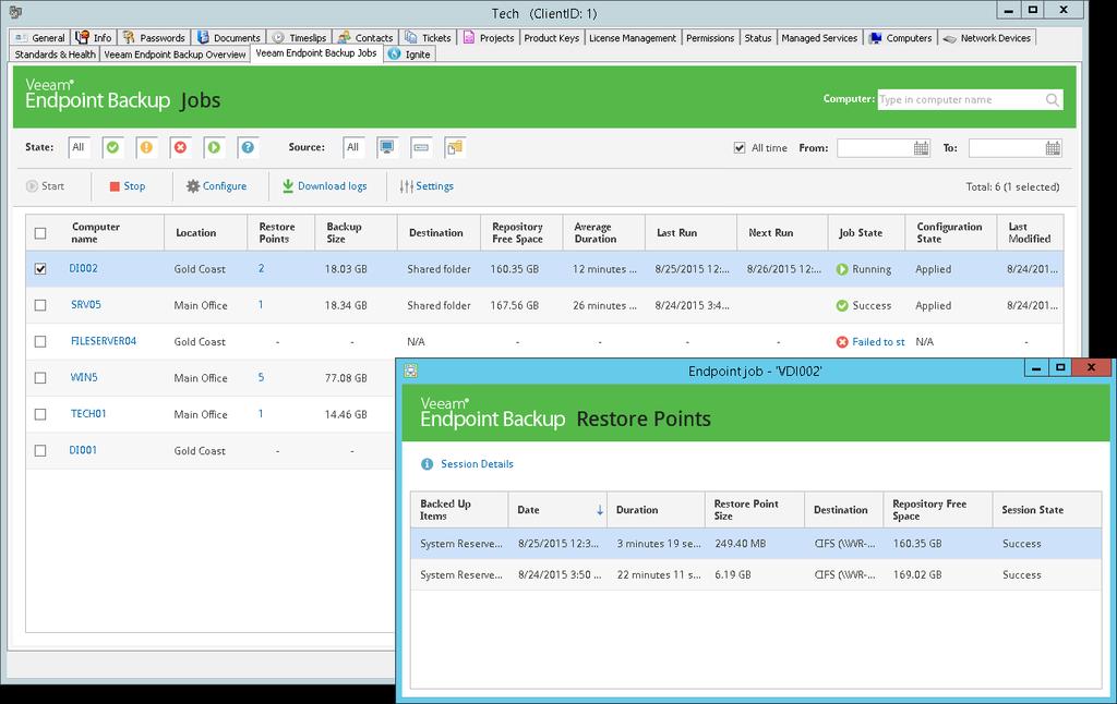 86 Veeam Endpoint Backup Jobs The Veeam Endpoint Backup Jobs dashboard allows you to manage Veeam Endpoint Backup backup jobs and track results of the latest job sessions.