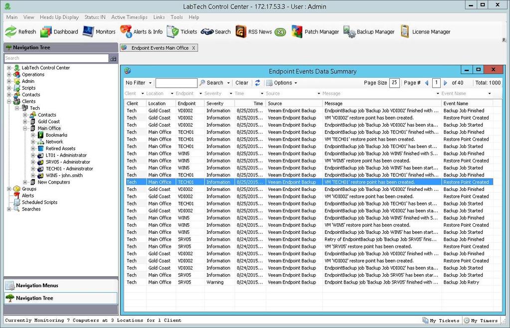 90 Endpoint Events The Endpoint Events dataview shows information on events that were registered in the Veeam Endpoint Backup event log on managed endpoints.