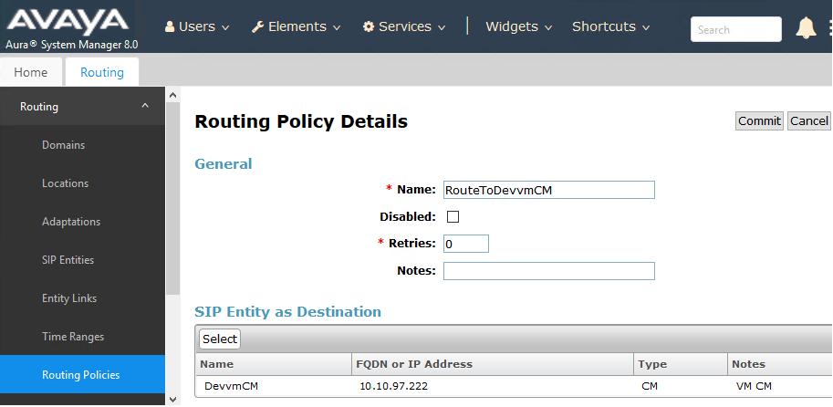 6.6.2. Routing Policy for Communication Manager Select Routing Policies from the left pane and click New in the subsequent screen (not shown) to add a new routing policy for Communication Manager.