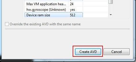 9.When you have finished configuring the device, click Create AVD 10.