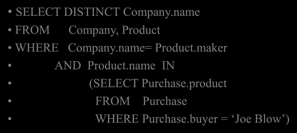 buyer = Joe Blow ) SELECT DISTINCT Company.name FROM Company, Product, Purchase WHERE Company.
