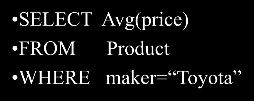 Aggregation SELECT Avg(price) FROM Product WHERE maker= Toyota SQL