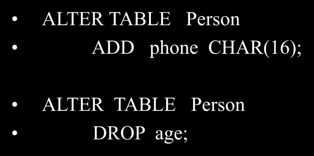 Deleting or Modifying a Table Deleting: Example: DROP Person; Exercise with care!! Altering: (adding or removing an attribute).