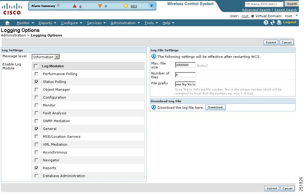 Establishing Logging Options Step 11 Click Submit. Establishing Logging Options Use Administration > Logging to access the Administer Logging Options page.