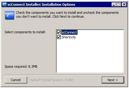 scconnect User Guide 5. Click Next. Specify the Destination Folder, if different from the default. 6. Click Install. When installation is complete, the scconnect icon will appear in the system tray.
