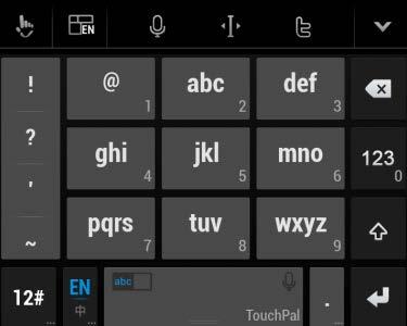 Touch or hold to delete text before the cursor. Touch to access the quick settings of TouchPal X, change keyboard skin, or check messages from TouchPal X. Touch to open text editing options.