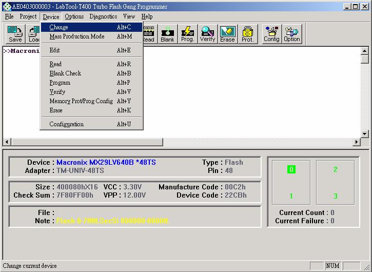 Figure 4.1 Screen for selecting Change Device 1. Select the type of device that will be the active device. Mouse Click on 'All', 'EPROM' or 'Flash'.