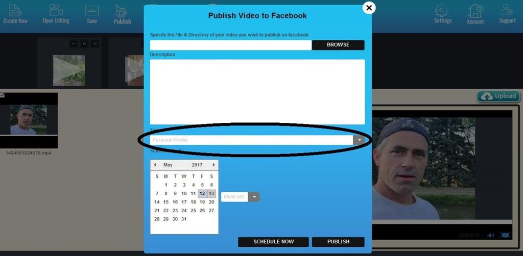 Enter the path of the video that you saved earlier. Also you can enter the description which would be posted along with your video on your Facebook profile.