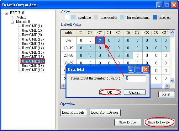 Figure 43: The window of default output data It is used to set the default value for all output data User CMD.