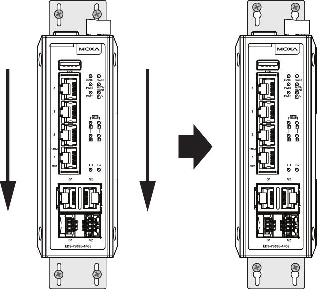 STEP 2 Mounting the EDS-P506E-4PoE Series on the wall requires 4 screws. Use the EDS-P506E-4PoE Series, with wall mount plates attached, as a guide to mark the correct locations of the 4 screws.