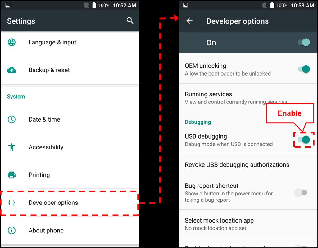 Tap [Developer options] and enable "USB debugging" on the opened screen. 4.
