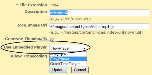 Selecting An Embedded Player For certain media types (see table below) you can select an embedded player which will be used in the Media Library Preview Video page, Quick Publish pages, and wherever