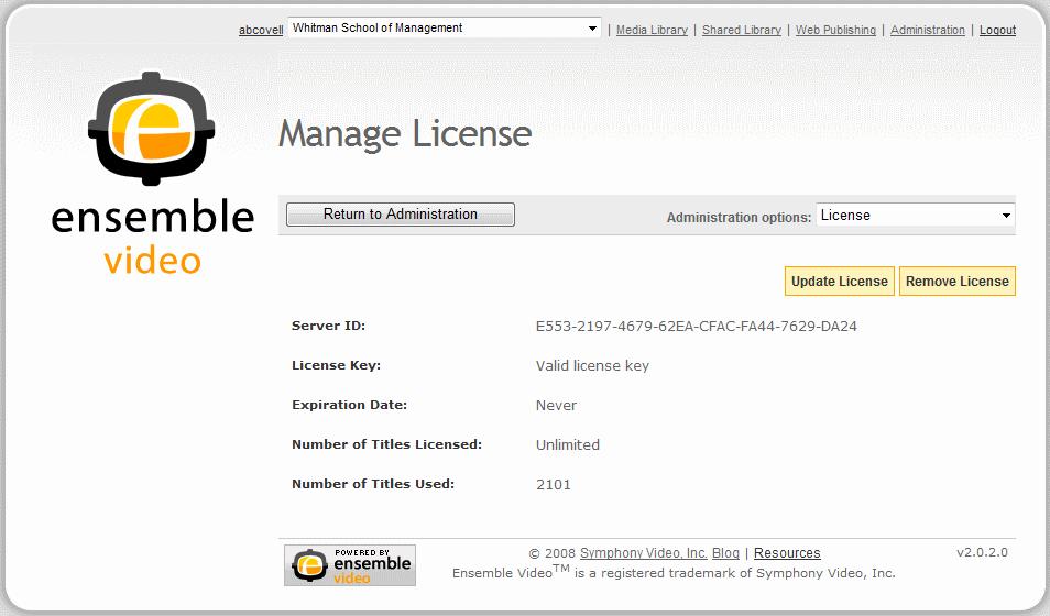 License The final system administrator control, License, is for updating your Ensemble Video license key.