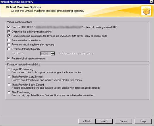 8 In the Virtual Machine Options window, select the virtual machine and disk provisioning options and click Next.