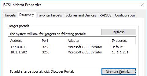 48. Select Microsoft iscsi Initiator as the Local adapter, select the Initiator IP in the same subnet as the IP address of the partner server from the previous step.