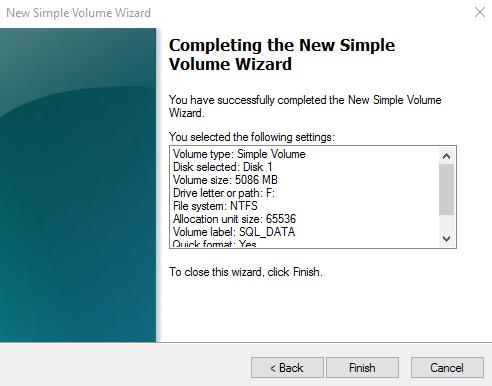 70. In the Completing the New Simple Volume Wizard dialog box, review the configuration settings and click Finish. 71.
