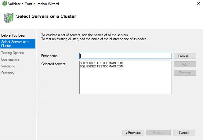 74. In the Select Servers or a Cluster dialog box, enter the host names of