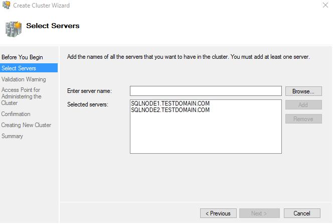 79. In the Select Servers dialog box, enter the host names of the nodes