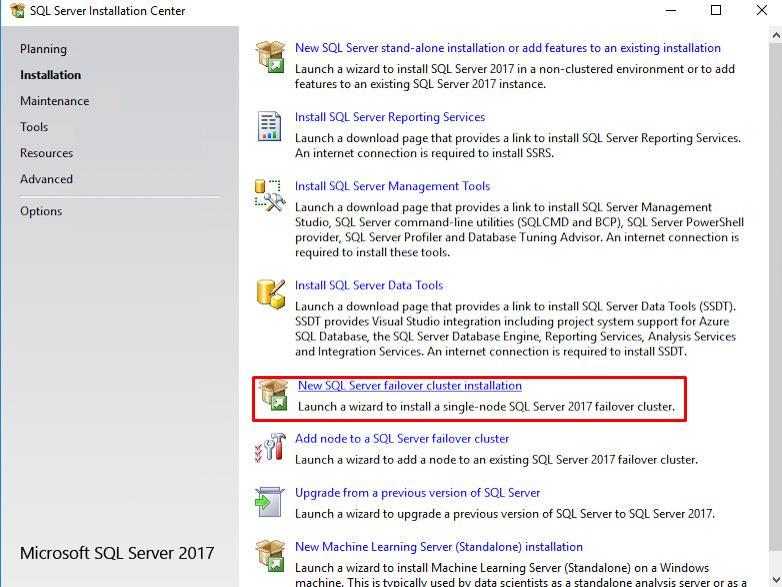 Installing SQL Server 2017 on the Failover Cluster This part describes how to install an SQL Server 2017 Failover Cluster default instance on Windows Server 2016.