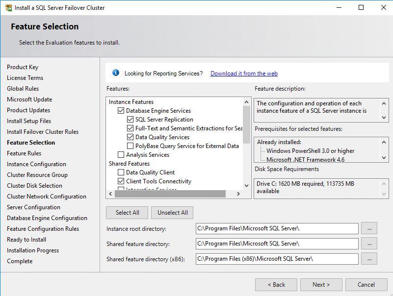 98. In the Feature Selection dialog box, select Database Engine Services and